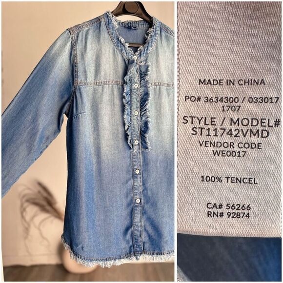 Splendid Indigo Ruffle Chambray Shirt Button front Medium - Picture 2 of 4